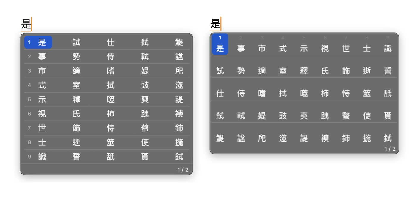 展開成矩陣的候選字視窗：左為垂直、右為水平，多欄多列一次顯示，右下角有頁數