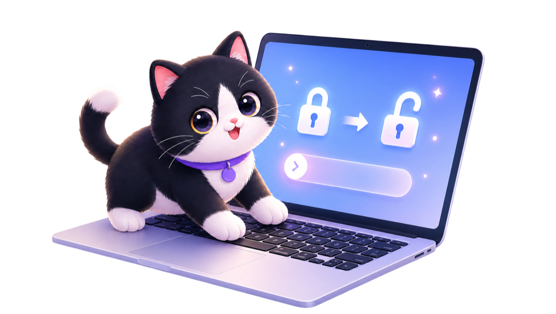一隻黑白貓踩在 MacBook 鍵盤上